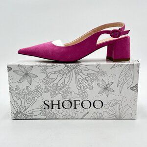 Pink Suede Retro Pointed Toe Slingback Sandals Comfortable Low Block Heel Pump